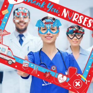 HOWAF Nurse Graduation Photo Booth Props Kit- 1pcs Thank You Nurses Photo Frame with 14pcs Thank You Nurses Paper Glasses for Nurse Appreciation Week Decorations, Nurse Day Funny Eyeglasses