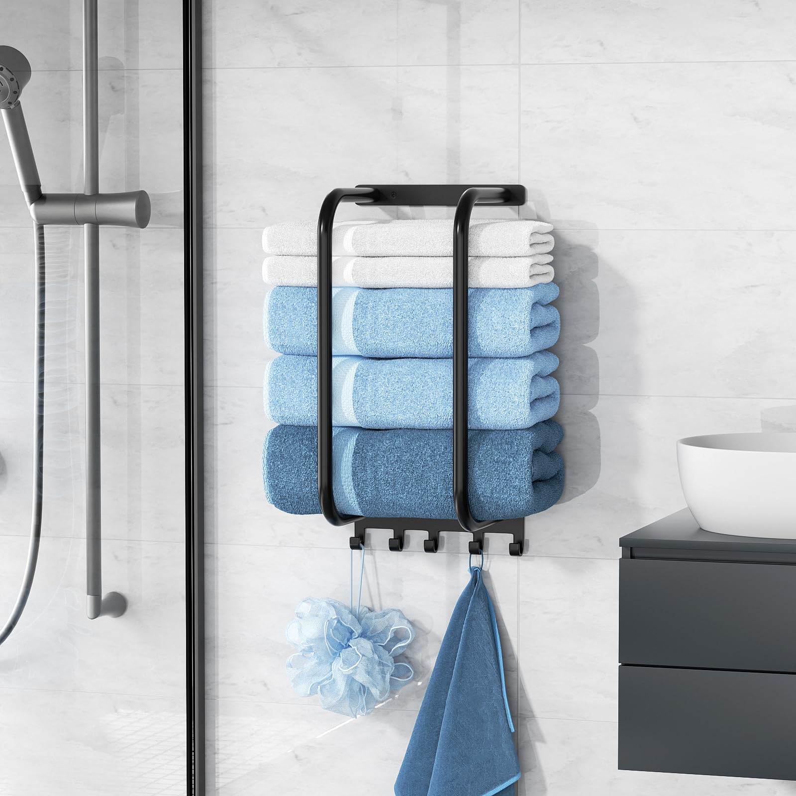 Towel Rack Bathroom Wall Holder: Black Shower Organizer Wall Mounted for Rolled Towel Storage 15.9 in