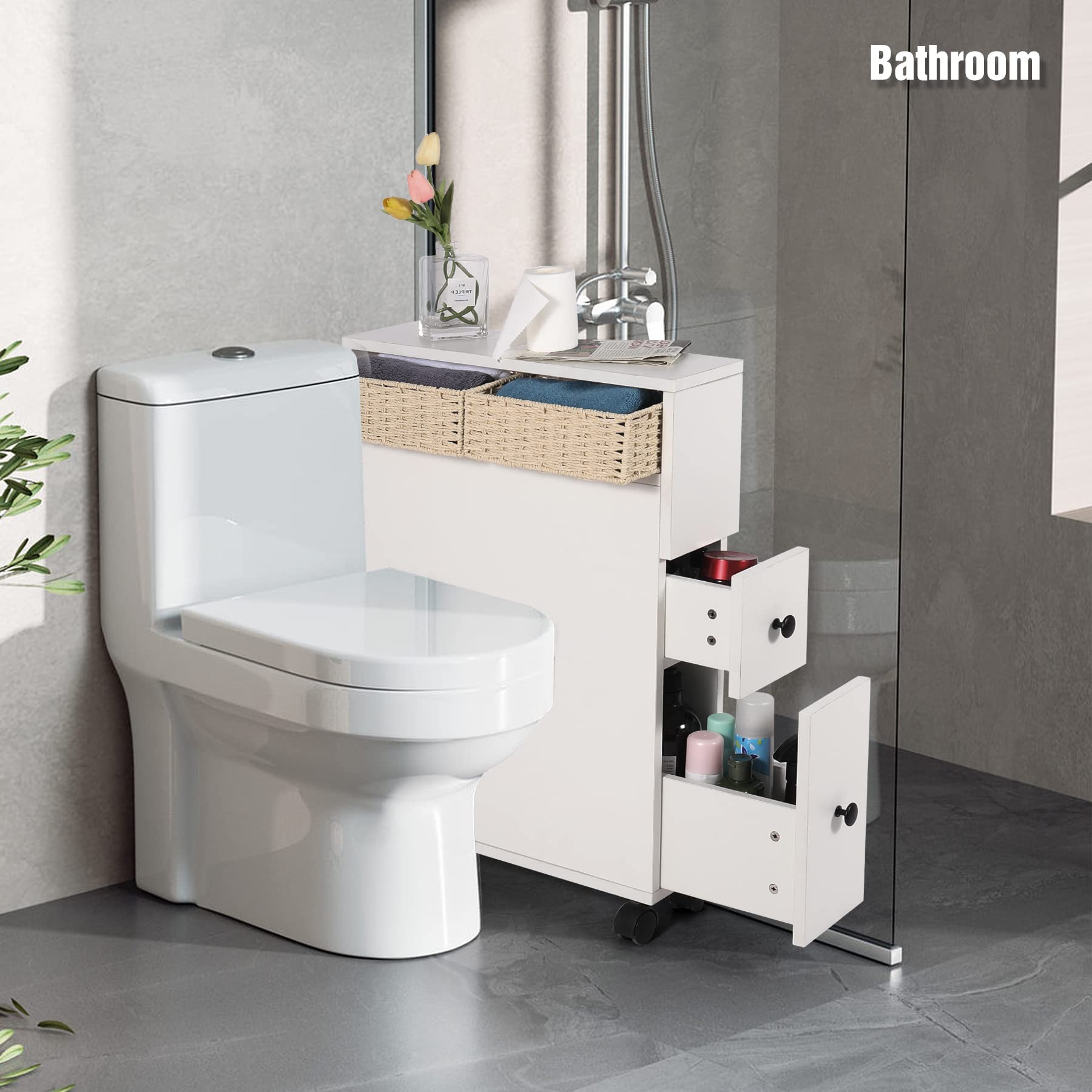 ALBOMI Slim Bathroom Storage Cabinet, Movable Narrow Toilet Paper Holder with Wheels and Drawers, Free Standing Small Bathroom Organizer for Small Spaces, 6" W x 20" D x 27.8" H, White