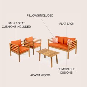 JONATHAN Y LVG1200C-4SET Thom 4-Piece Mid-Century Modern Acacia Wood Outdoor Patio Set with Cushions and Plaid Decorative Pillows Classic, Industrial, Scandinavian, Bohemian, Orange/Teak Brown