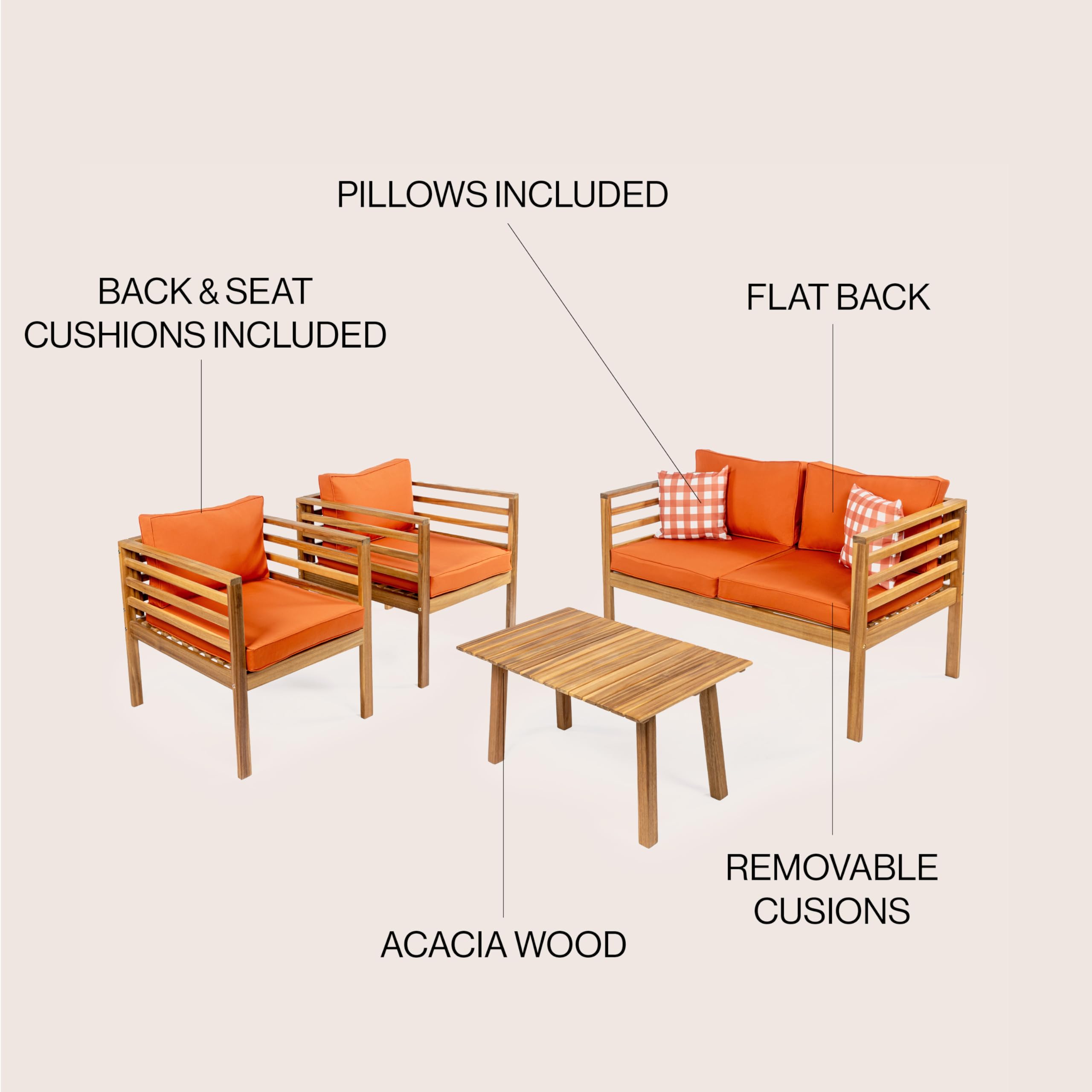 JONATHAN Y LVG1200C-4SET Thom 4-Piece Mid-Century Modern Acacia Wood Outdoor Patio Set with Cushions and Plaid Decorative Pillows Classic, Industrial, Scandinavian, Bohemian, Orange/Teak Brown