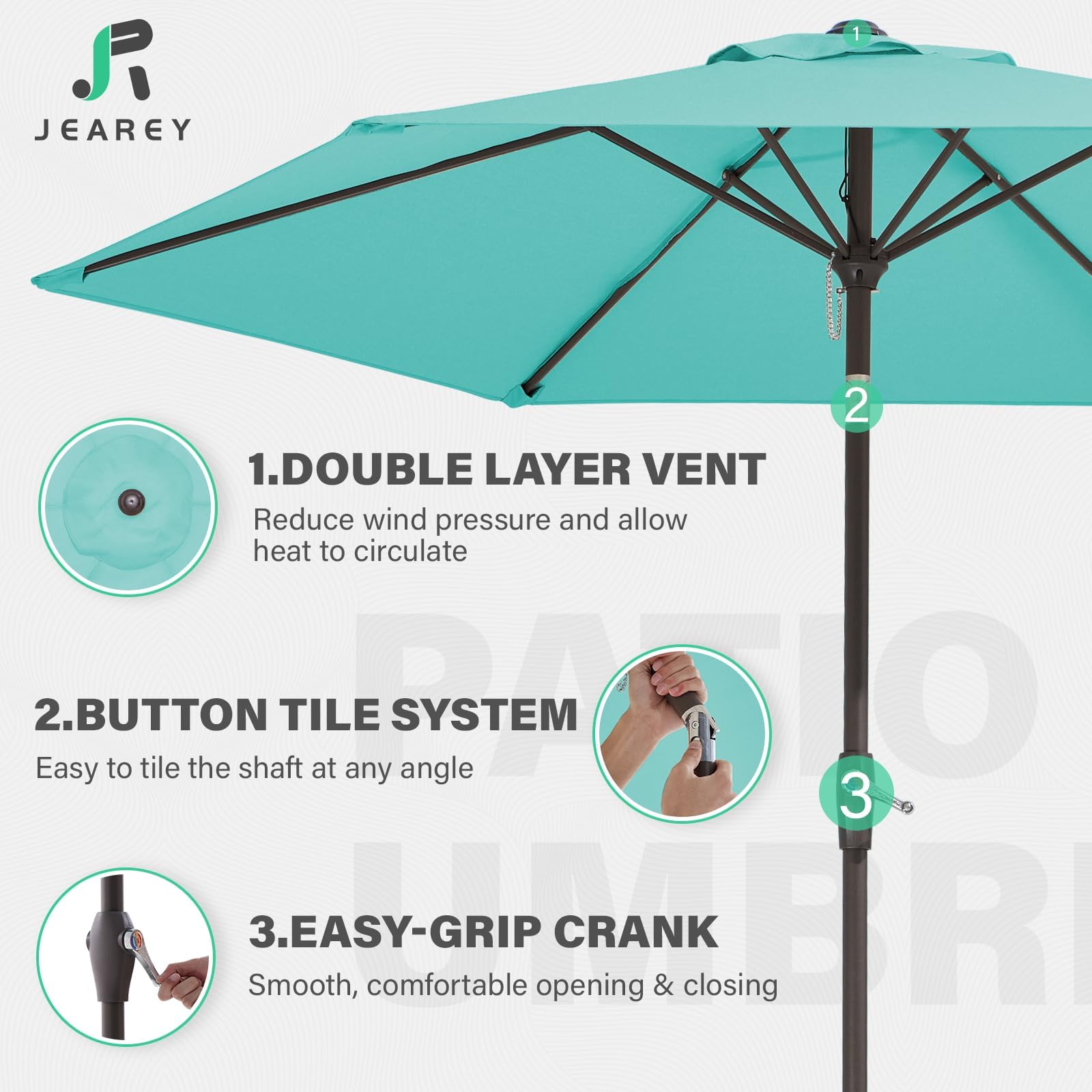 JEAREY 7.5FT Patio Umbrella Market Table Umbrella with 6 Sturdy Ribs, Push Button Tilt/Crank Outdoor Umbrella for Garden, Deck, Backyard, Pool and Beach,Teal Blue