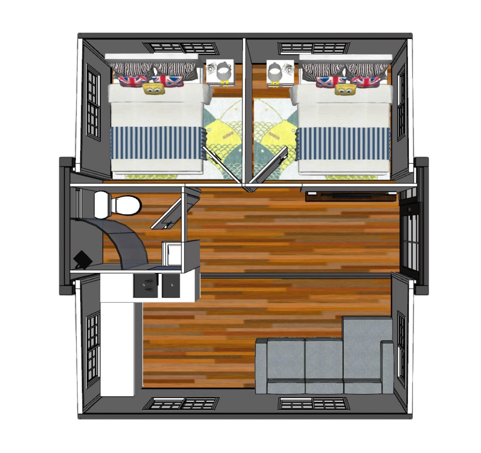 SAA Gray Modern House, 19 x 20 FT, 2 Rooms, 1 Bathroom & 1 Kitchen, Alloy Steel, Foldable Outbuilding – Light Blue Gray