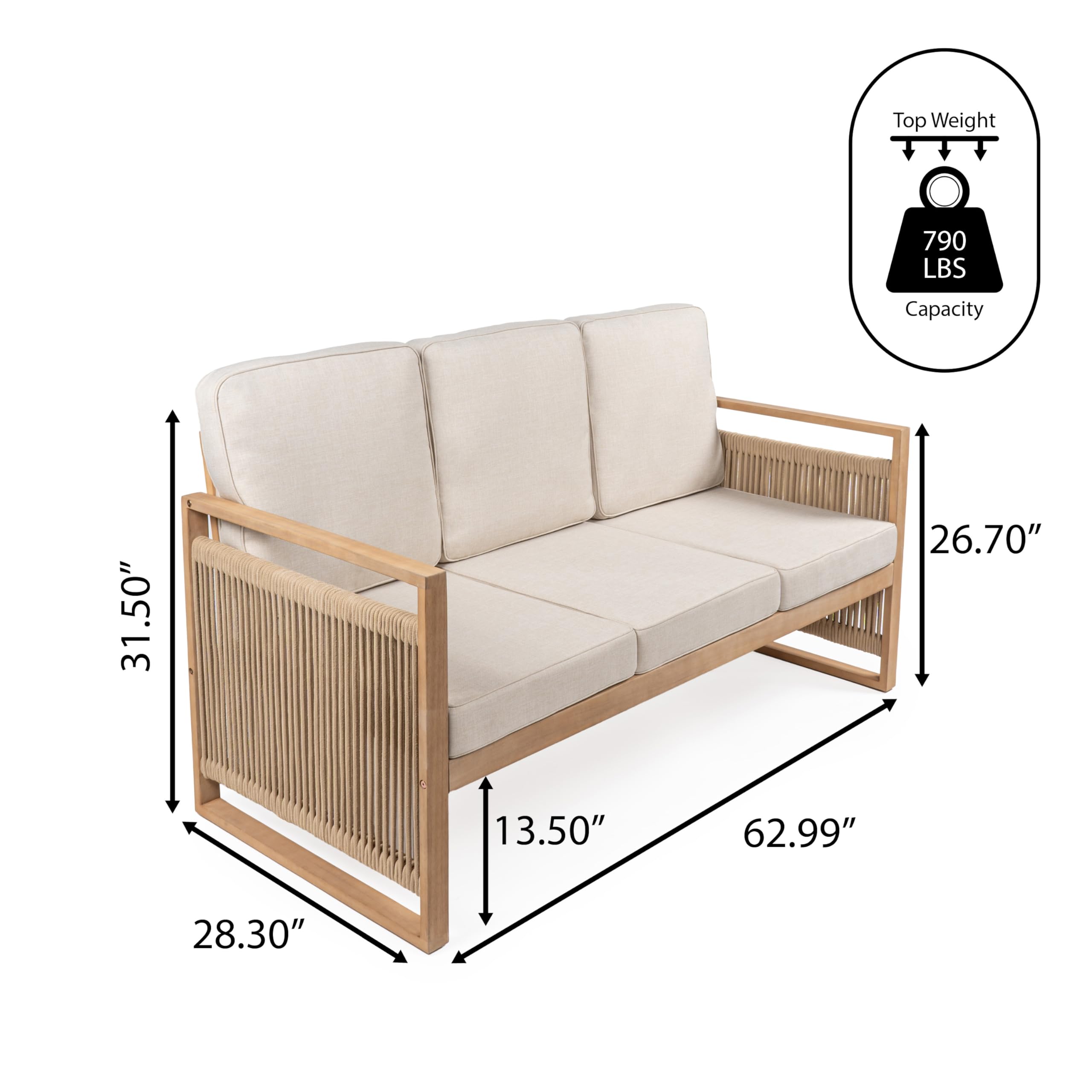 JONATHAN Y SFB1002A Gable 3-Seat Mid-Century Modern Roped Acacia Wood Outdoor Sofa with Cushions Scandinavian, Classic, Transitional, Industrial for Backyard, Patio, Porch, Beige/Light Teak