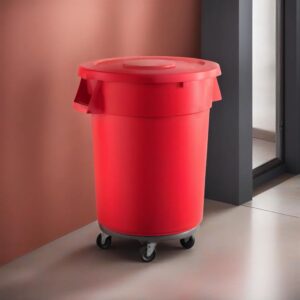 KTLT 32 Gallon Red Round Commercial Trash Can with Lid and Dolly, Ingredient Bin, Wastebasket for Restaurant/Kitchen/School/Garage