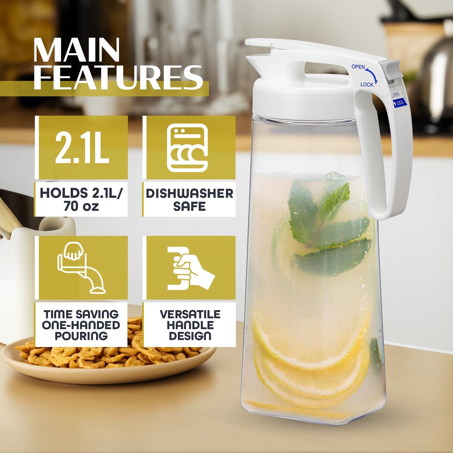 Lustroware QuickServe Airtight Pitcher - 2.1L (70oz), Heat Resistant, BPA-Free SAN Plastic, One Touch Open & Close, Space-Saving, Made in Japan - White