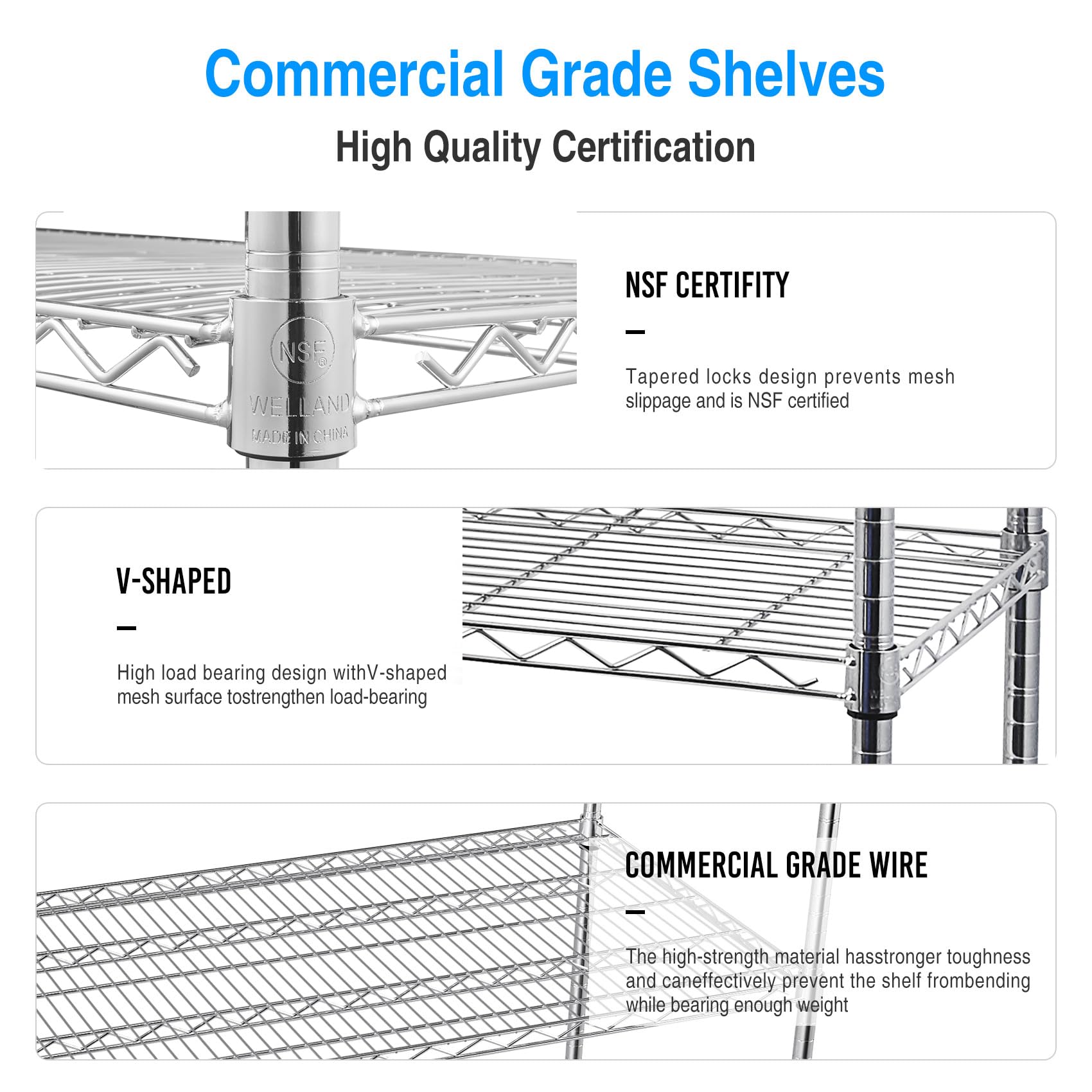 Metal Storage Shelves with Wheels, NSF Shelving Unit 60 X 18 X 72, 1325 Lbs Capacity, 5 Tier Heavy Duty Wire Shelving Rack, Commercial Metal Shelves for Storage, Garage, Pantry, Kitchen, Chrome