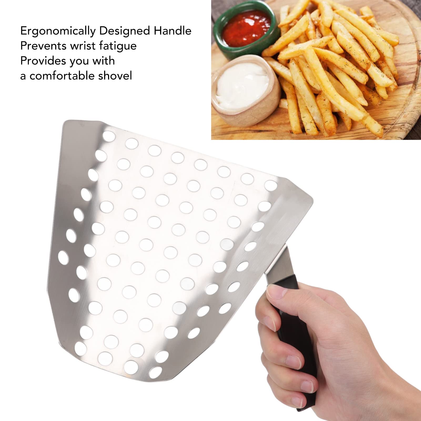 BORDSTRACT Popcorn Scoop, Kernel Sifting Speed Scoop with Ergonomic Single Handle, Stainless Steel French Fry Scoop, Seasoning Dredge, for Bagger French Fries, Snacks, Desserts, Ice, Dry Goods