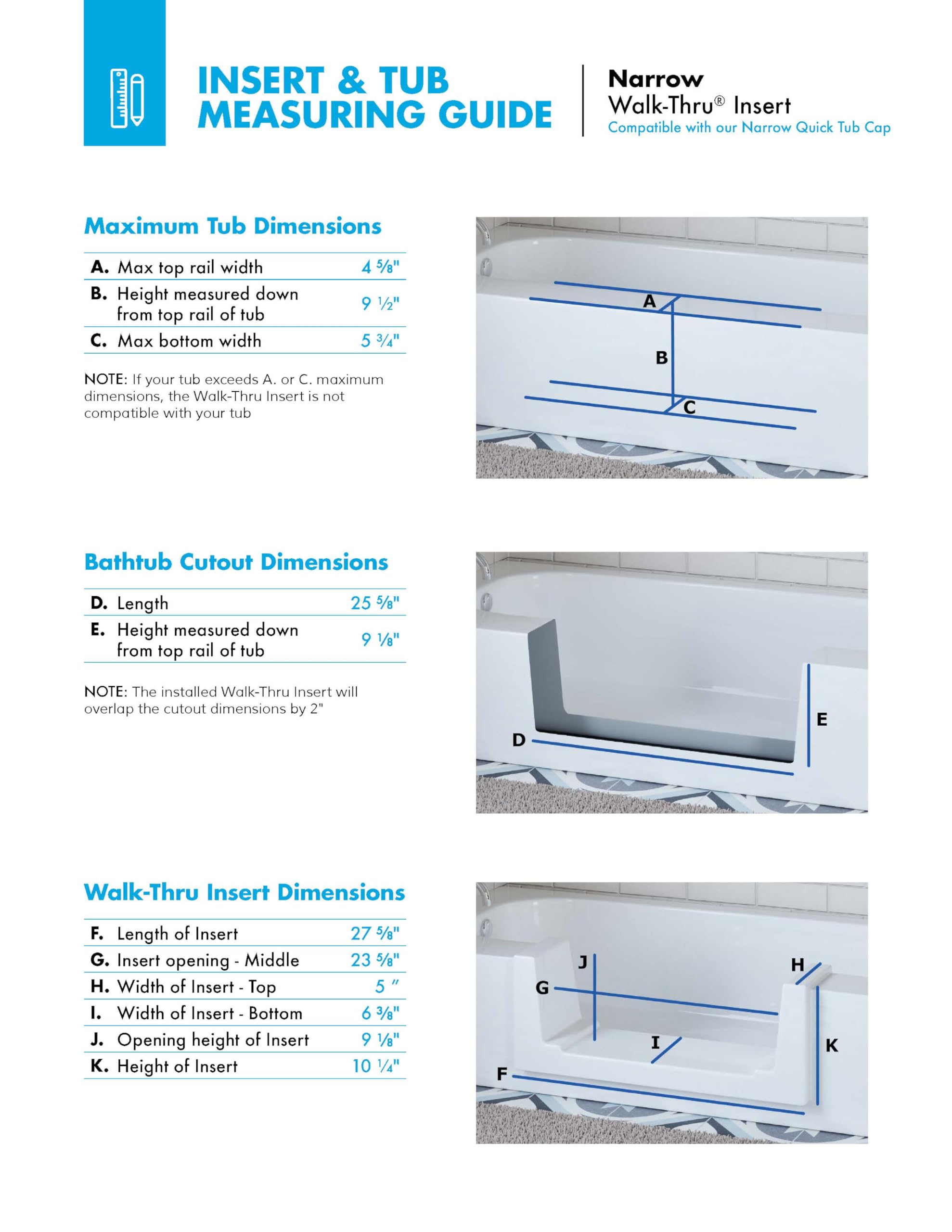 Quick Tub Walk-Thru Insert Accessibility Kit - Bath to Shower Conversion (Narrow), White