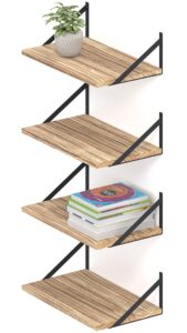 greaittle 10 inch deep floating shelves, 16.5" x 10", set of 4, natural wood floating book shelves for bedroom, living room, rustic wall shelves for books, plants and more, burnt wood finish