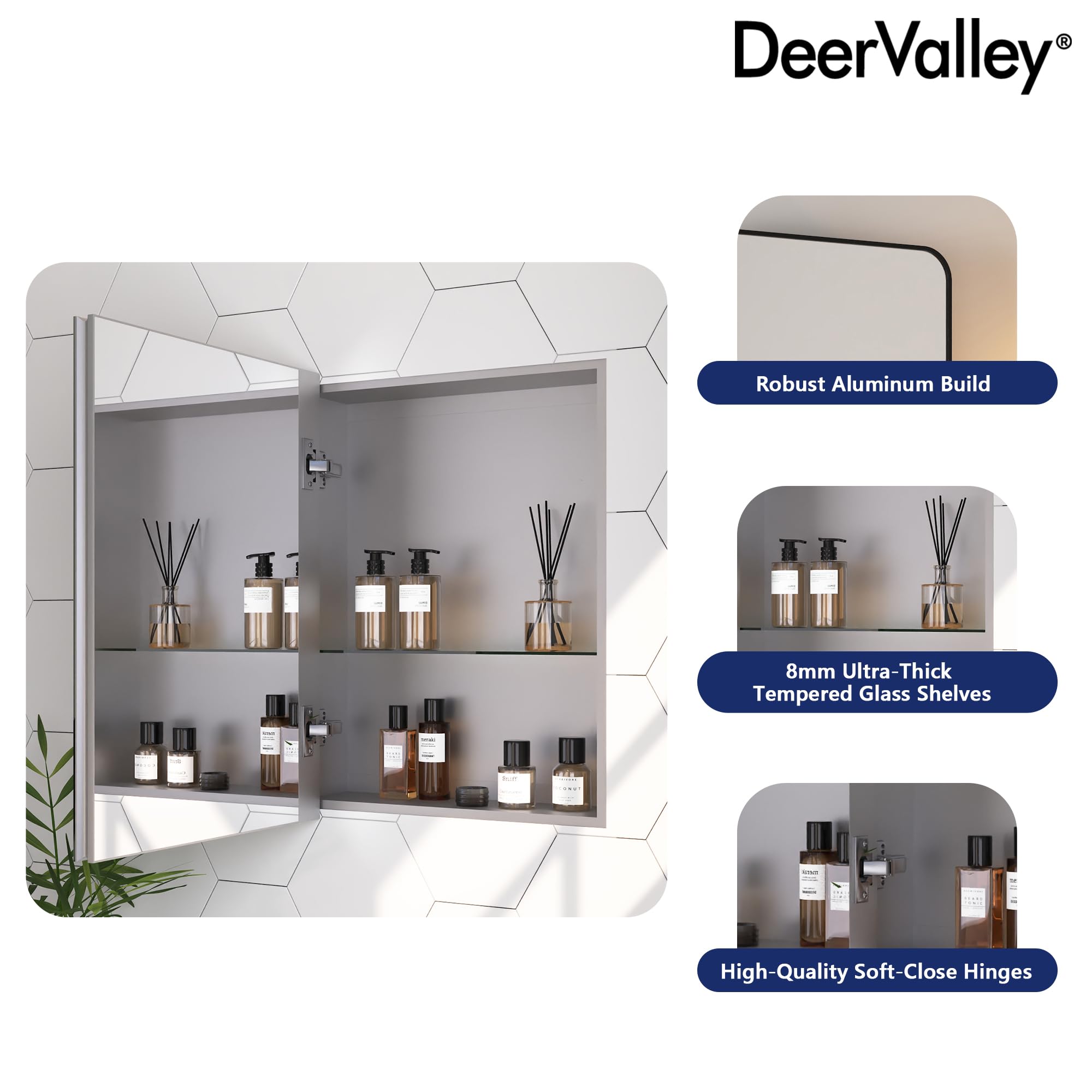 Deer Valley Medicine Cabinet with Mirrors, 15" x 19" Recessed Vanity Mirror for Bathroom, Wall Cabinet with Double Sided Mirror Frameless Rectangle, Adjustable Glass Shelves