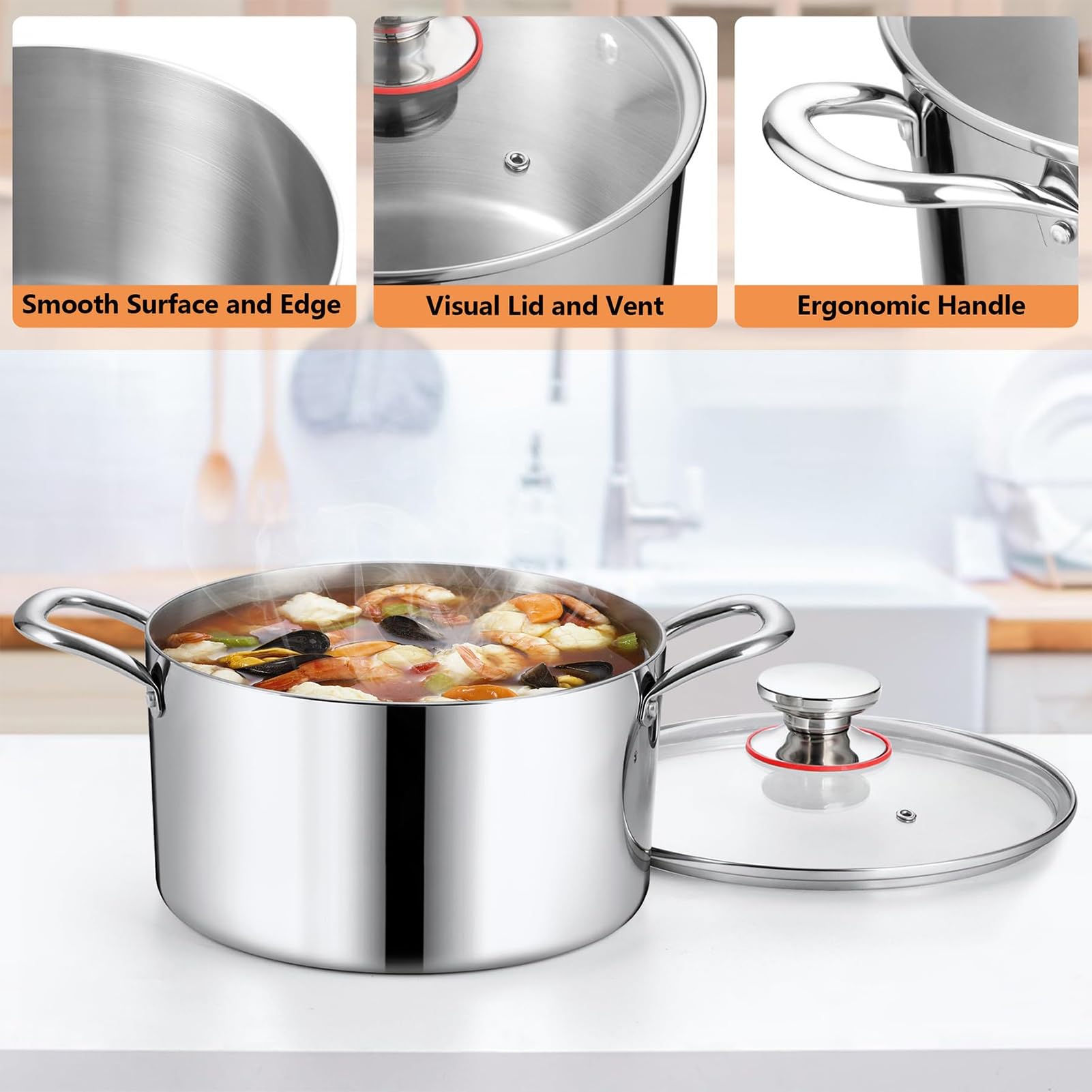 THEGA Stainless Steel Stock Pot - Large Stock Pot With Lid, Round Stock Pot With Soft-Touch Handles, Tri-ply Pasta/Chicken/Soup Pot, Stockpot For Steaming And Stewing, Dishwasher Safe, 8QT