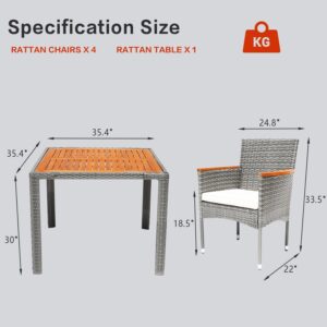 ARTBUSKE 5 Pieces Patio Dining Sets for 4 Outdoor Patio Furniture Sets with Acacia Wood Table Top Outdoor Table and Chairs Wicker Outdoor Furniture Set for Patio Yard Deck Gazebo,Grey