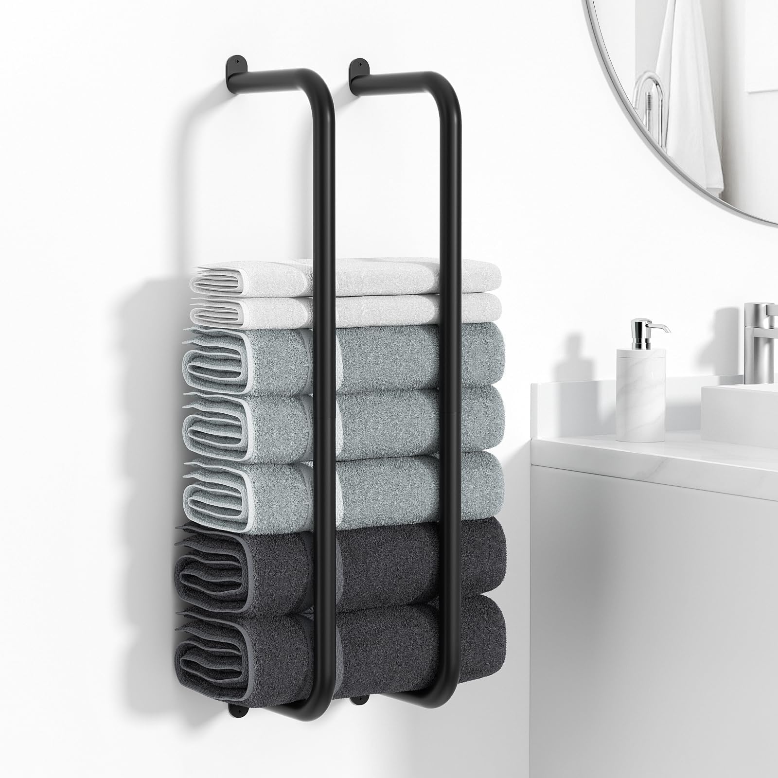 Josmimic Towel Rack for Rolled Towels: Towel Holder Wall Mounted Can Holds 5 Large Towels - Matted Stainless Steel for Bathroom - Black 22.78 Inch