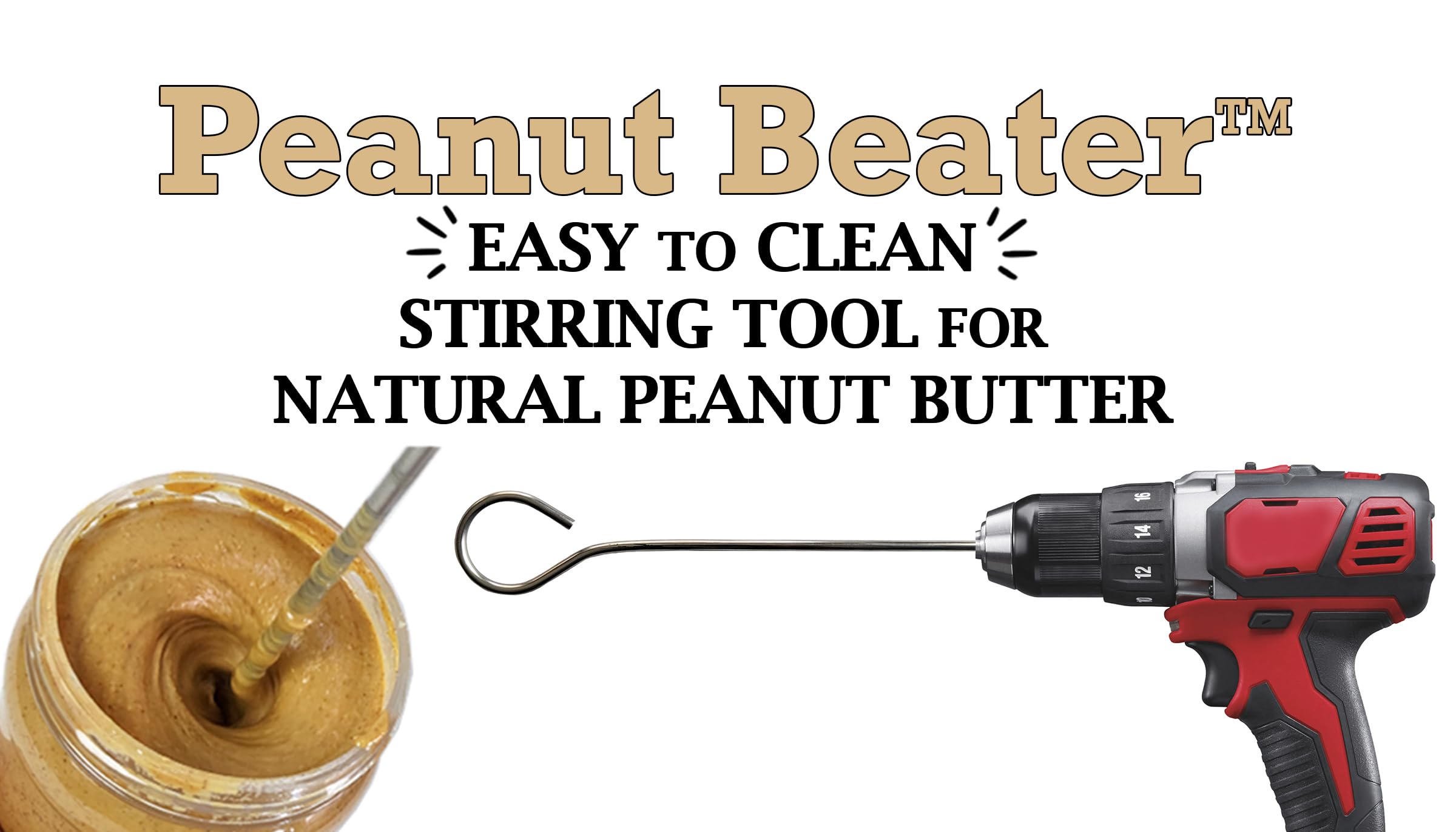 Peanut Beater™: Stirring tool for natural peanut butter, fast mixing stirrer utensil, easy to clean mixer, handheld power drill attachment