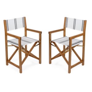 jonathan y drc1001b-set2 cukor classic vintage outdoor acacia wood folding director chair with canvas seat mid-century, modern, traditional, classic, coastal, white/black stripe/teak brown (set of 2)