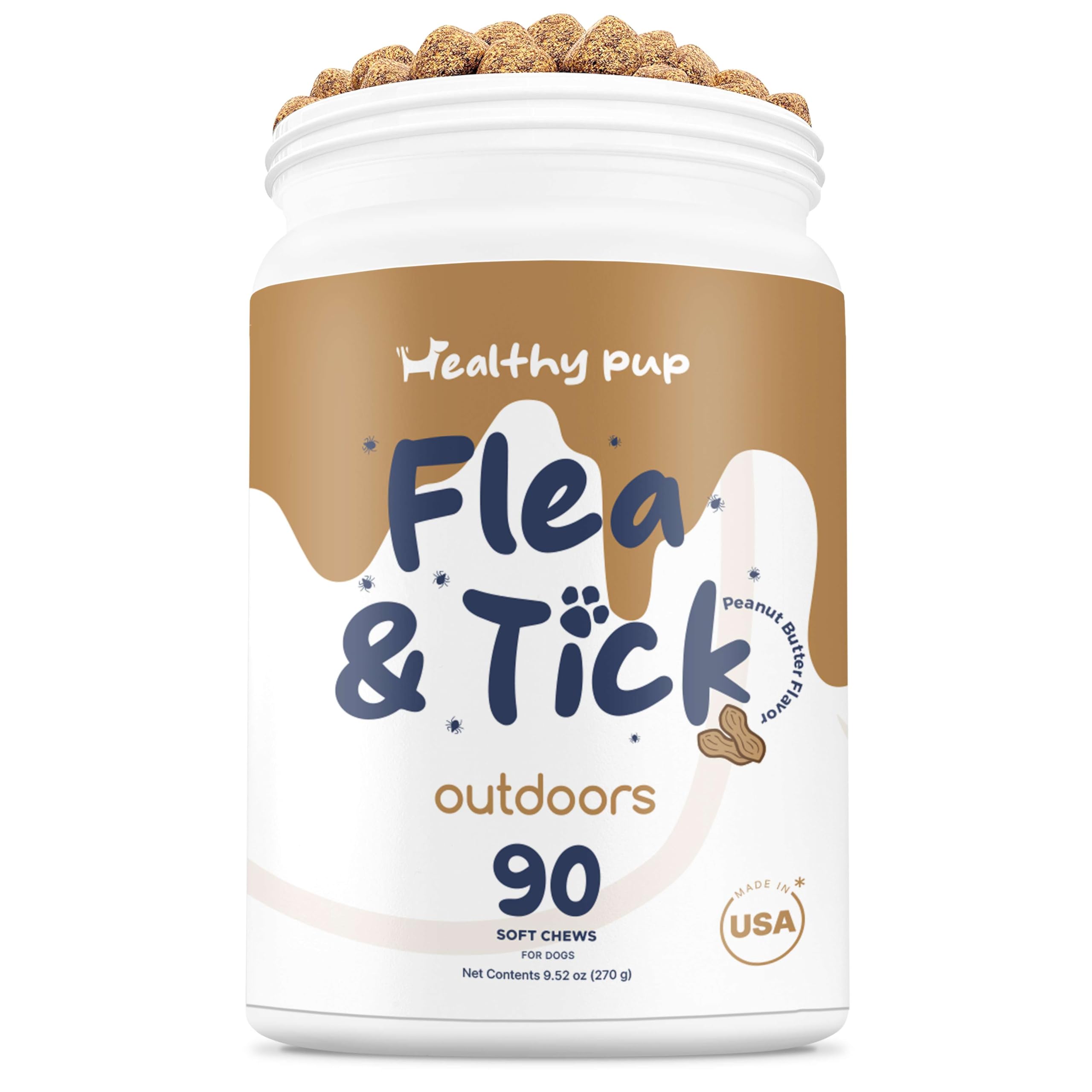 Flea and Tick Prevention for Dogs, Chewable – 90 Peanut Butter Flavored Soft Chews – Made with B Vitamins, Garlic Powder, Brewers Yeast, Coconut Oil, and Apple Cider Vinegar