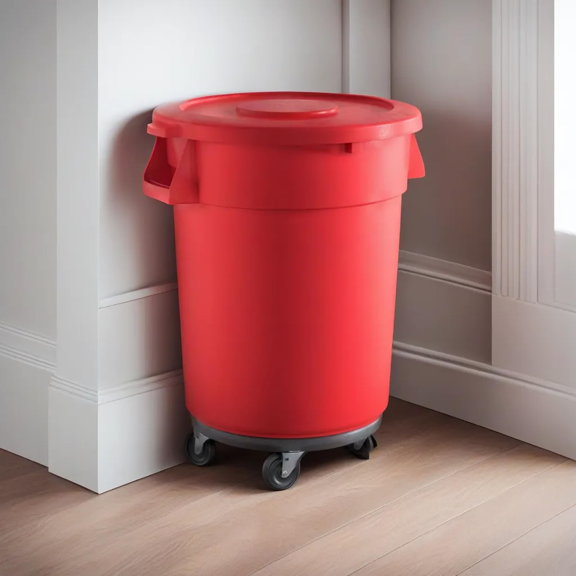 KTLT 32 Gallon Red Round Commercial Trash Can with Lid and Dolly, Ingredient Bin, Wastebasket for Restaurant/Kitchen/School/Garage