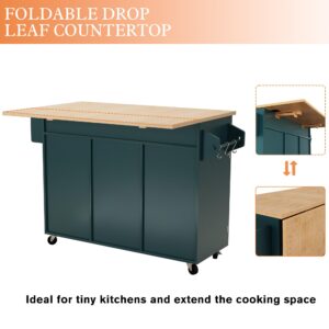 HLR Kitchen Island On Wheels, Rolling Kitchen Island Cart with Drop Leaf Countertop, Barn Door Kitchen Island Table with Storage Cabinet and Tower Rack, Island Table for Kitchen (Dark Teal)