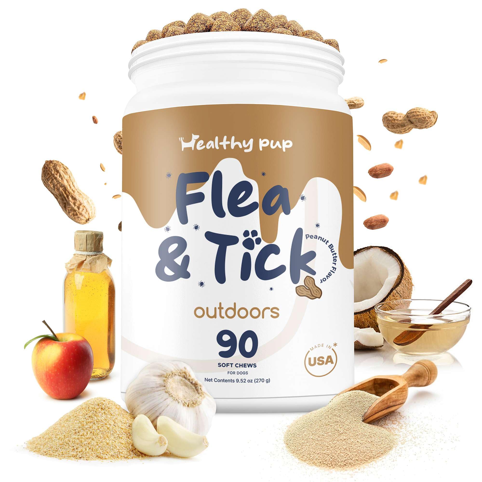 Flea and Tick Prevention for Dogs, Chewable – 90 Peanut Butter Flavored Soft Chews – Made with B Vitamins, Garlic Powder, Brewers Yeast, Coconut Oil, and Apple Cider Vinegar