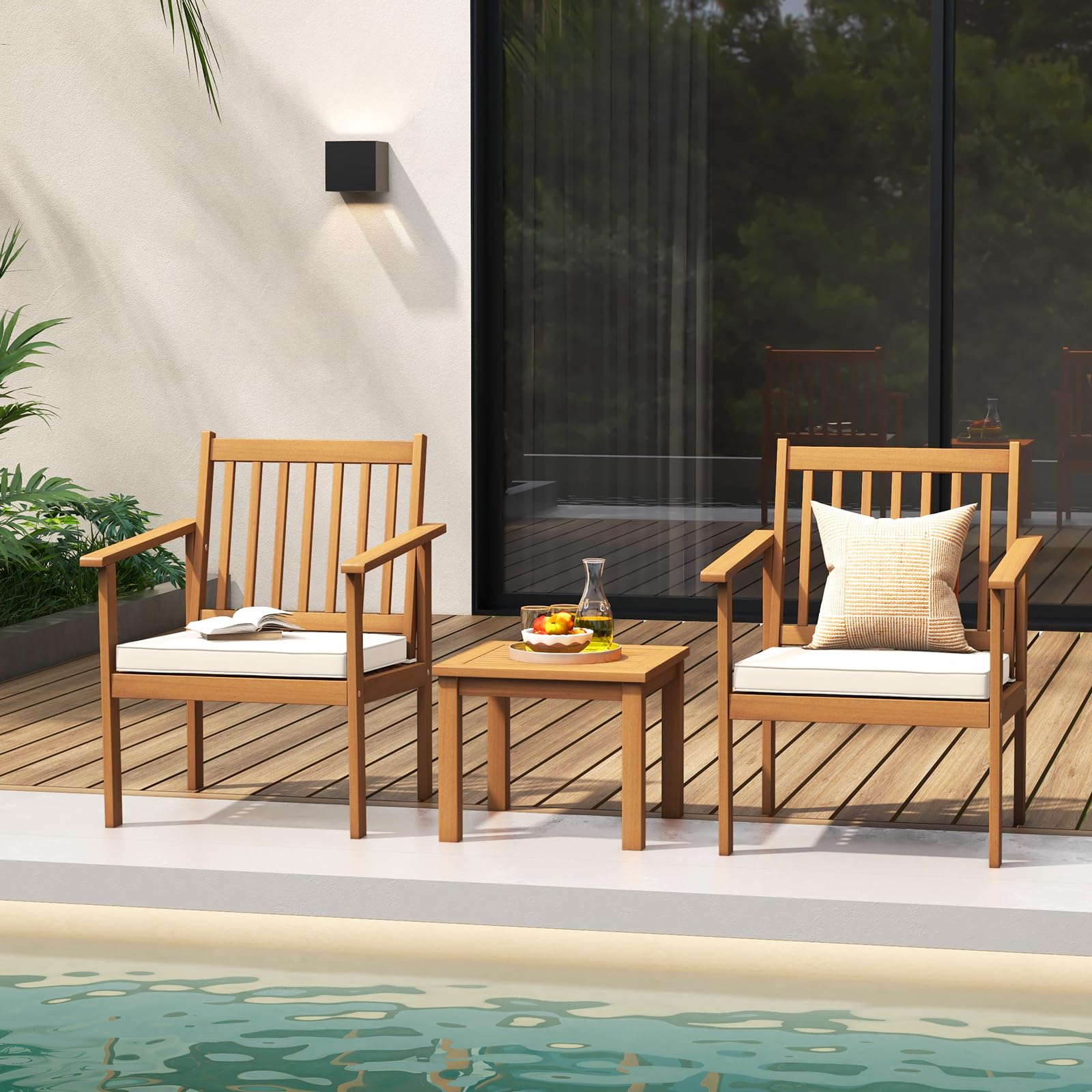 Tangkula 3 Pieces Patio Wood Furniture Set, Acacia Wood Chairs and Coffee Table Set with Soft Cushions, Slatted Design, Outdoor Furniture Set for Porch, Yard, Balcony (White)