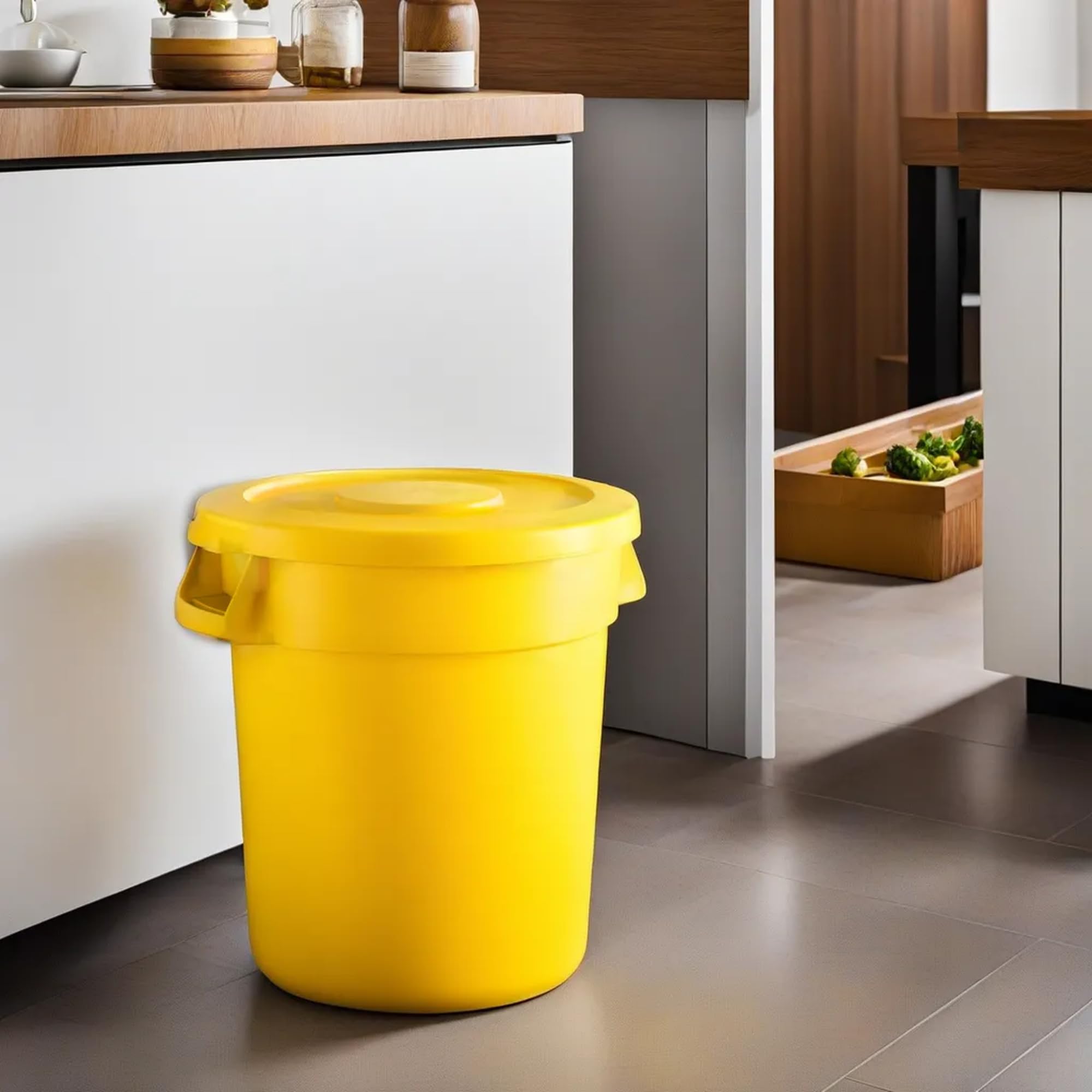 KTLT 10 Gallon Yellow Round Commercial Trash Can with Lid, Ingredient Bin, Wastebasket for Restaurant/Kitchen/School/Garage