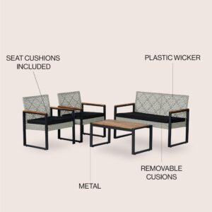 JONATHAN Y LVG1102C-4SET Wilder 4-Piece Modern Coastal Faux Wicker Conversation Outdoor Patio Set Industrial, Farmhouse, Mid-Century, Classic, Contemporary, Minimalist, White Wash/Black/Natural