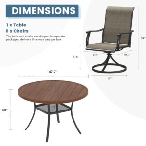 DIFY 7 PCS Patio Dining Set, Outdoor Dining Furniture Set with 47.2" Walnut Round Dining Table with Umbrella Hole & 6 Black Patio Swivel Curved Armrests Chairs for Yard, Garden, Porch, Lawn