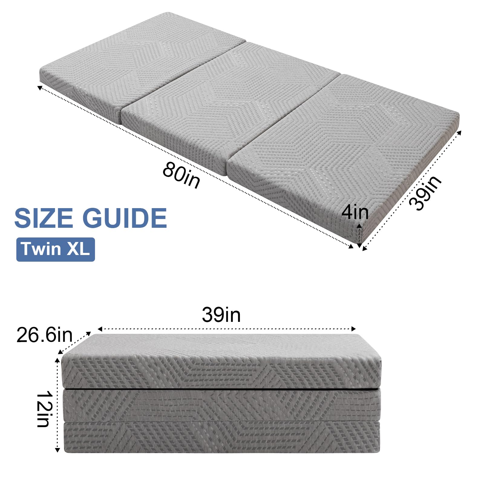 MUUEGM 4 Inch Foldable Mattress Trifold Mattress Folding Bed,Memory Foam Floor Sleeping Mattress,Portable Trifold Toddler Bed Mattress XL Twin Knitted Grey