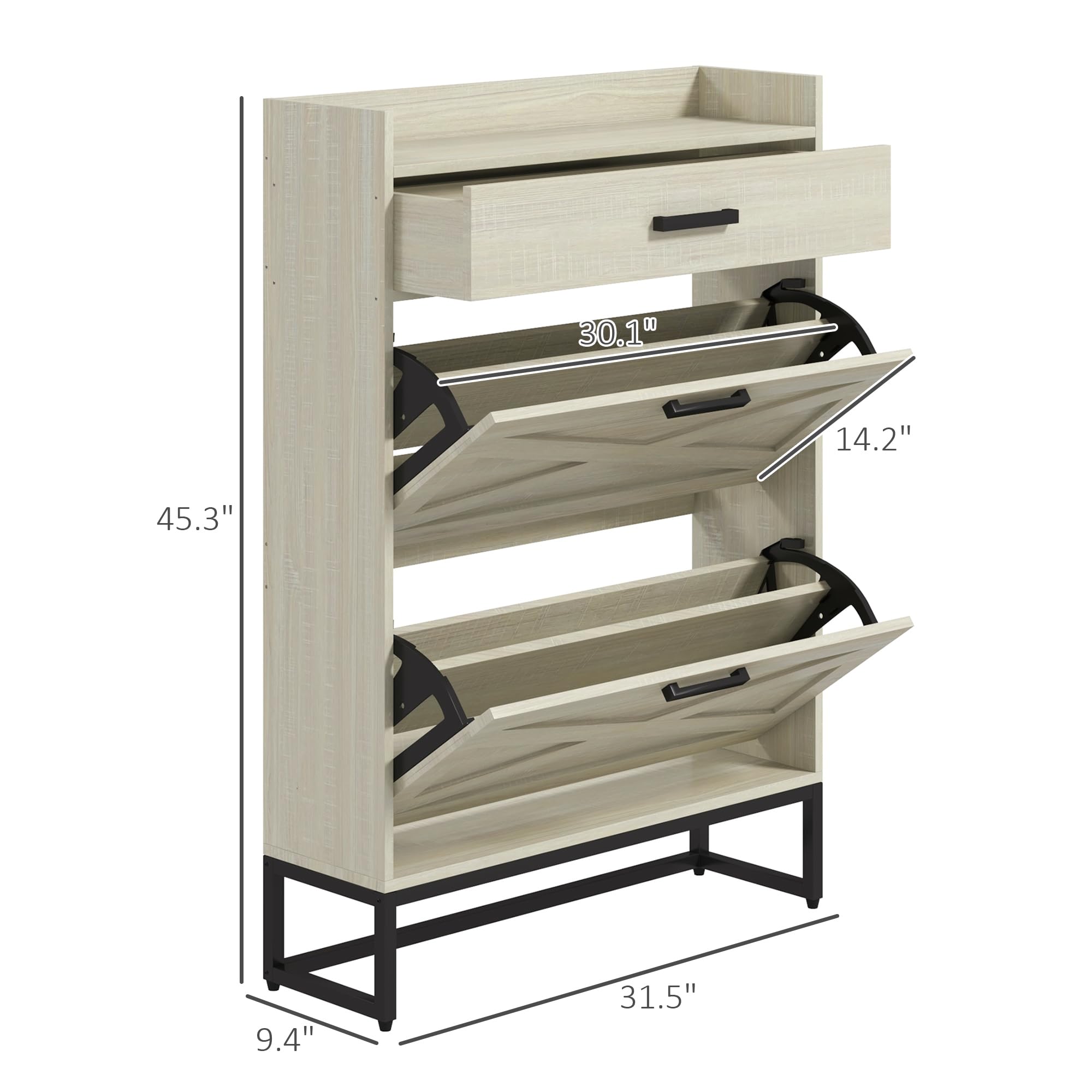 HOMCOM Narrow Shoe Cabinet, Industrial Shoe Storage Cabinet with 2 Flip Drawers, Adjustable Shelves, and Top Drawer, Entryway Hidden Shoe Storage for 12 Pairs of Shoes, Distressed White