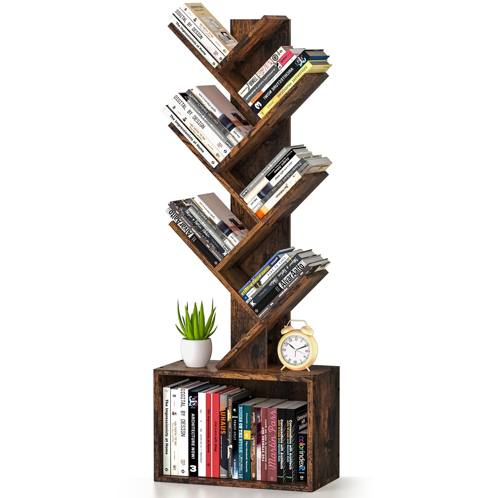 ART-GIFTREE 6 Tier Tree Bookshelf, Sturdy Retro Floor Standing Wood Bookcase, Storage Rack for Home Office, Living Room, Bedroom, Reading Spot, Heavy Book Organizer Shelves for CDs/DVDs/Movies