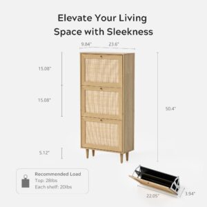 EYYTHUNG Rattan Shoe Cabinet Narrow Shoe Storage Cabinet with 3 Flip Drawers Hidden Freestanding Shoe Rack Organizer with Wood Legs for Entryway Slim, Hallway, Natural Oak