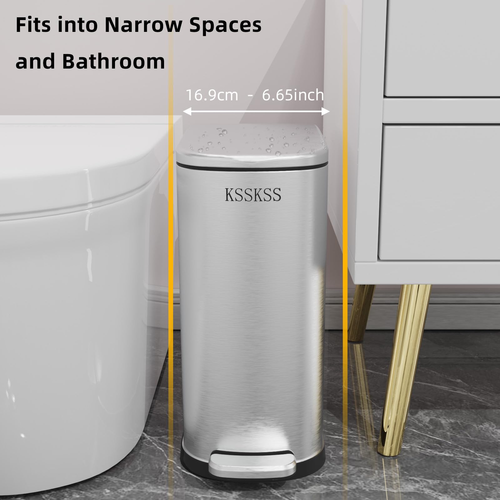 KSSKSS 2.6 Gallon Slim Bathroom Trash Can with Soft Close Lid, 10L Stainless Steel Garbage Can with Removable Liner Bucket, for Narrow Spaces,Bathroom, Bedroom (Silver)