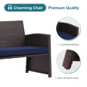 OC Orange-Casual Outdoor Loveseat 3 Piece Patio Furniture Set Outdoor Conversation Set All-Weather Wicker Love Seat with Ottoman/Side Table, Brown Rattan, Blue