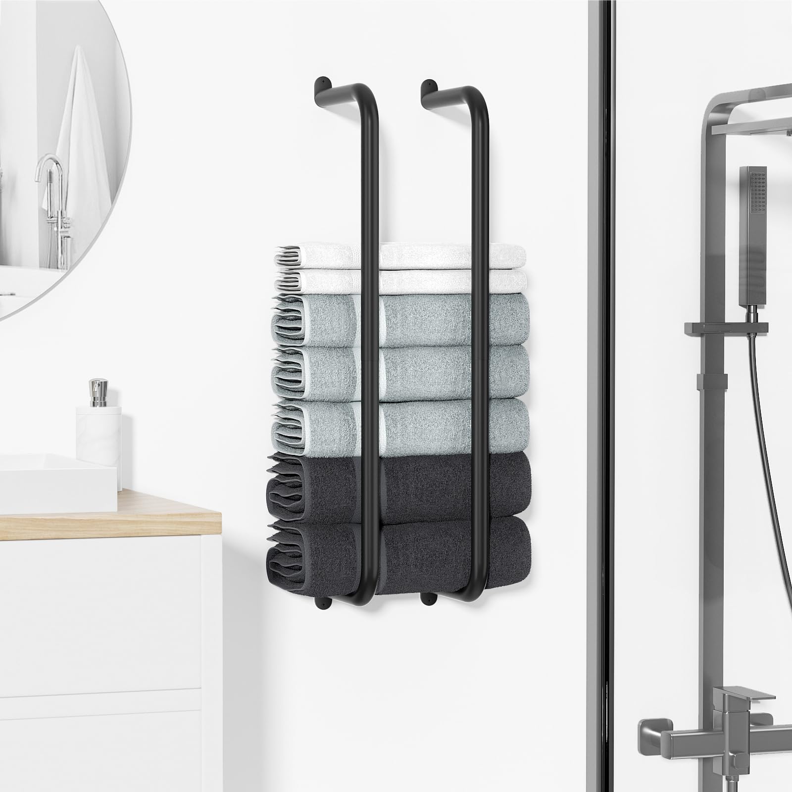 Josmimic Towel Rack for Rolled Towels: Towel Holder Wall Mounted Can Holds 5 Large Towels - Matted Stainless Steel for Bathroom - Black 22.78 Inch