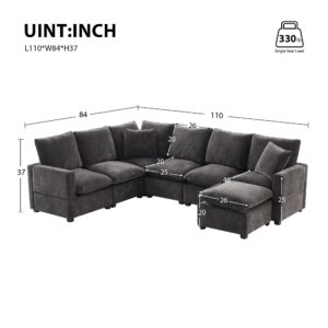 7 Seat Chenille Sectional Couch Set with 2 Pillows, 110*84" Modern U Shape Modular Sofa Set with Removable Ottoman, Freely Combinable Indoor Funiture for Living Room, Apartment, Office (Black * 1)