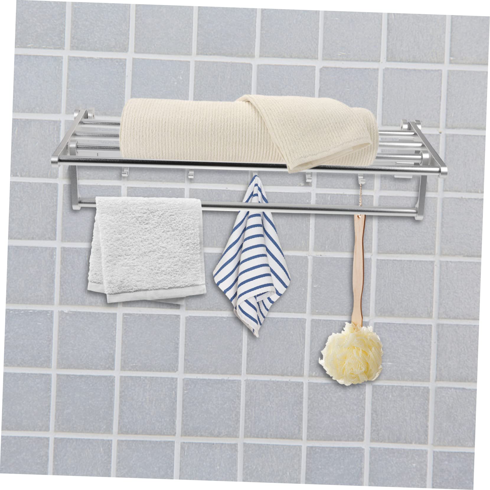 PRETYZOOM Bathroom Towel Mounted Shelves Bathroom Shelf with Bar Towel Rail Folding Towel Rack Towel Rod Kitchen Towel Shelves Bathtub Shelf Hanging Space Aluminum Hanger