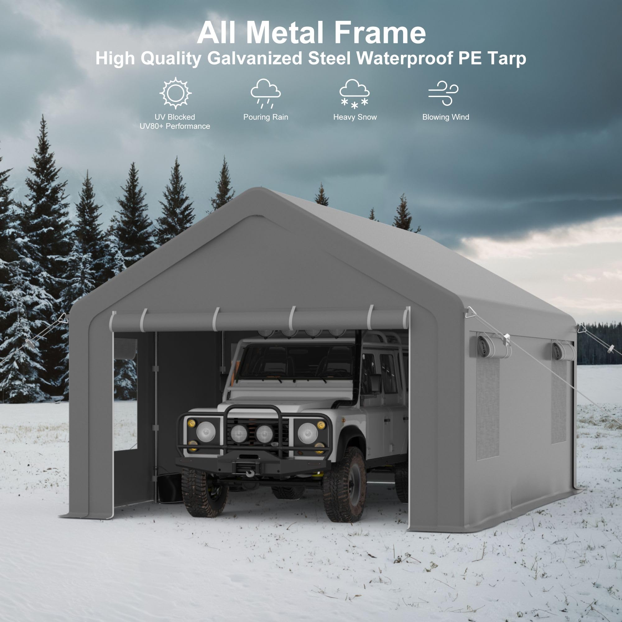 Carport Heavy Duty 10x20Ft, Upgraded Portable Carport with 2 Roll-up Doors+4 Ventilated Windows, Reinforced Steel Poles, UV Resistant All-Season Waterproof Tarp Garage, for Car, Truck, Boat