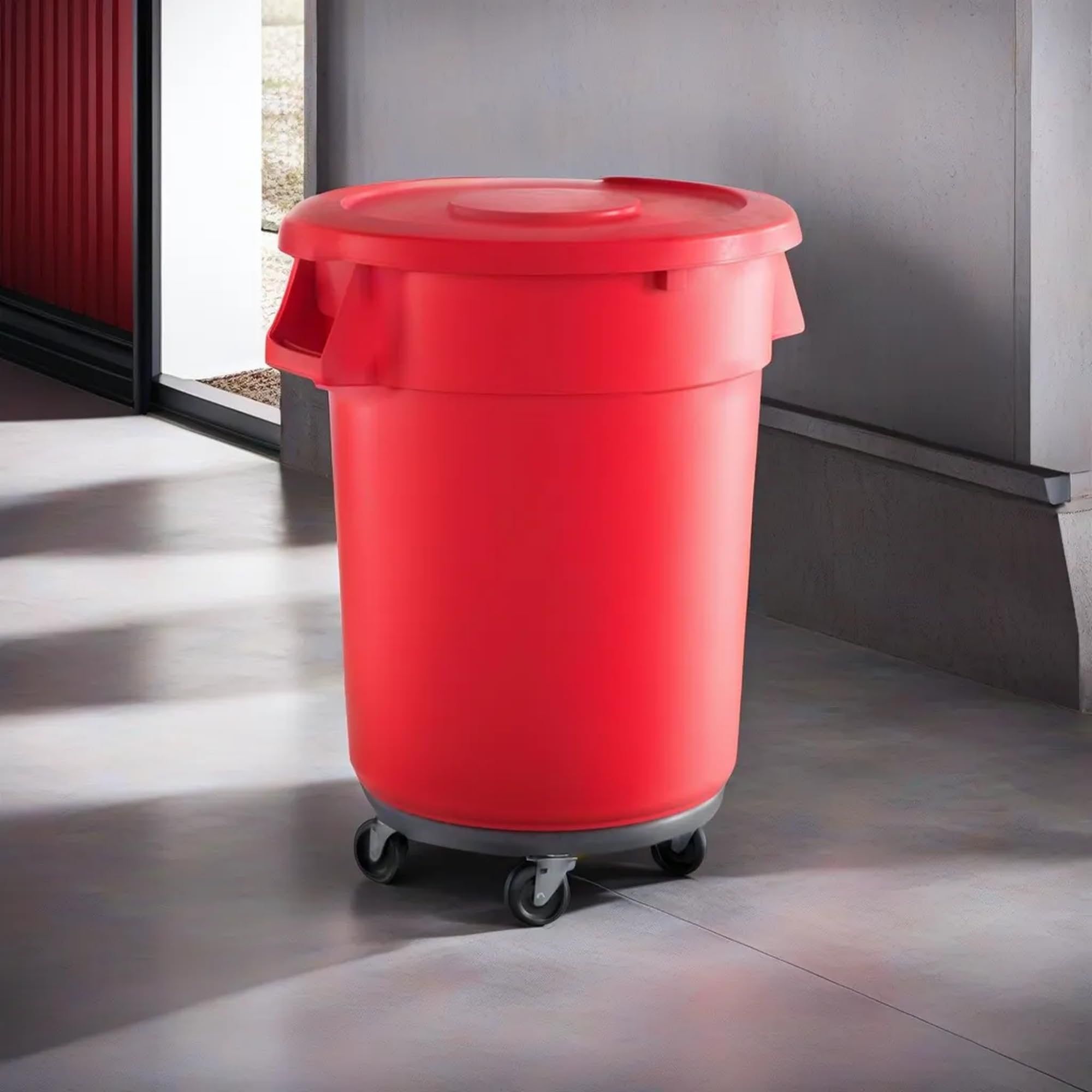 KTLT 32 Gallon Red Round Commercial Trash Can with Lid and Dolly, Ingredient Bin, Wastebasket for Restaurant/Kitchen/School/Garage