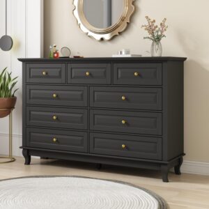 ecacad tall 9 drawer double dresser with carved drawer fronts & solid legs, 55.1" l black modern wood storage chest of drawers for bedroom, living room & fitting room