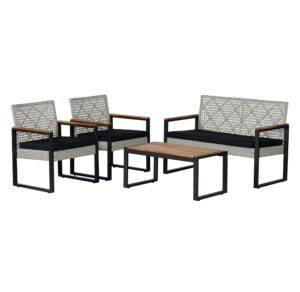 jonathan y lvg1102c-4set wilder 4-piece modern coastal faux wicker conversation outdoor patio set industrial, farmhouse, mid-century, classic, contemporary, minimalist, white wash/black/natural