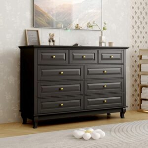 ECACAD Tall 9 Drawer Double Dresser with Carved Drawer Fronts & Solid Legs, 55.1" L Black Modern Wood Storage Chest of Drawers for Bedroom, Living Room & Fitting Room