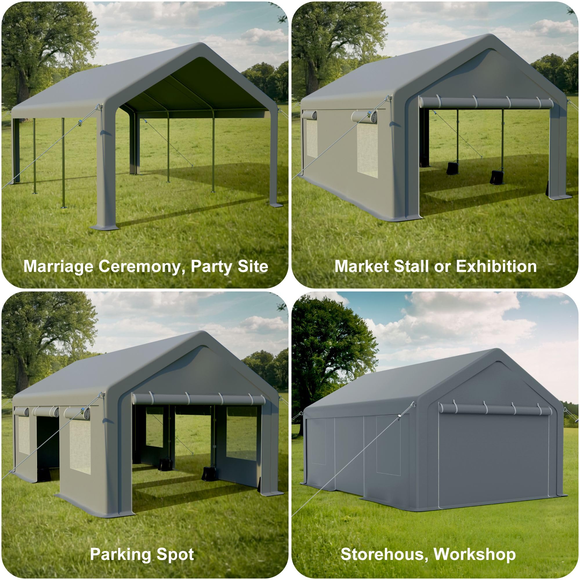 Carport 10x20ft Heavy Duty Portable Garage，Upgraded Carport with 4 Roll-up Doors & 4 Ventilated Windows, Reinforced Steel Poles, UV Resistant All-Season Waterproof Tarp, for Car, Truck, Boat