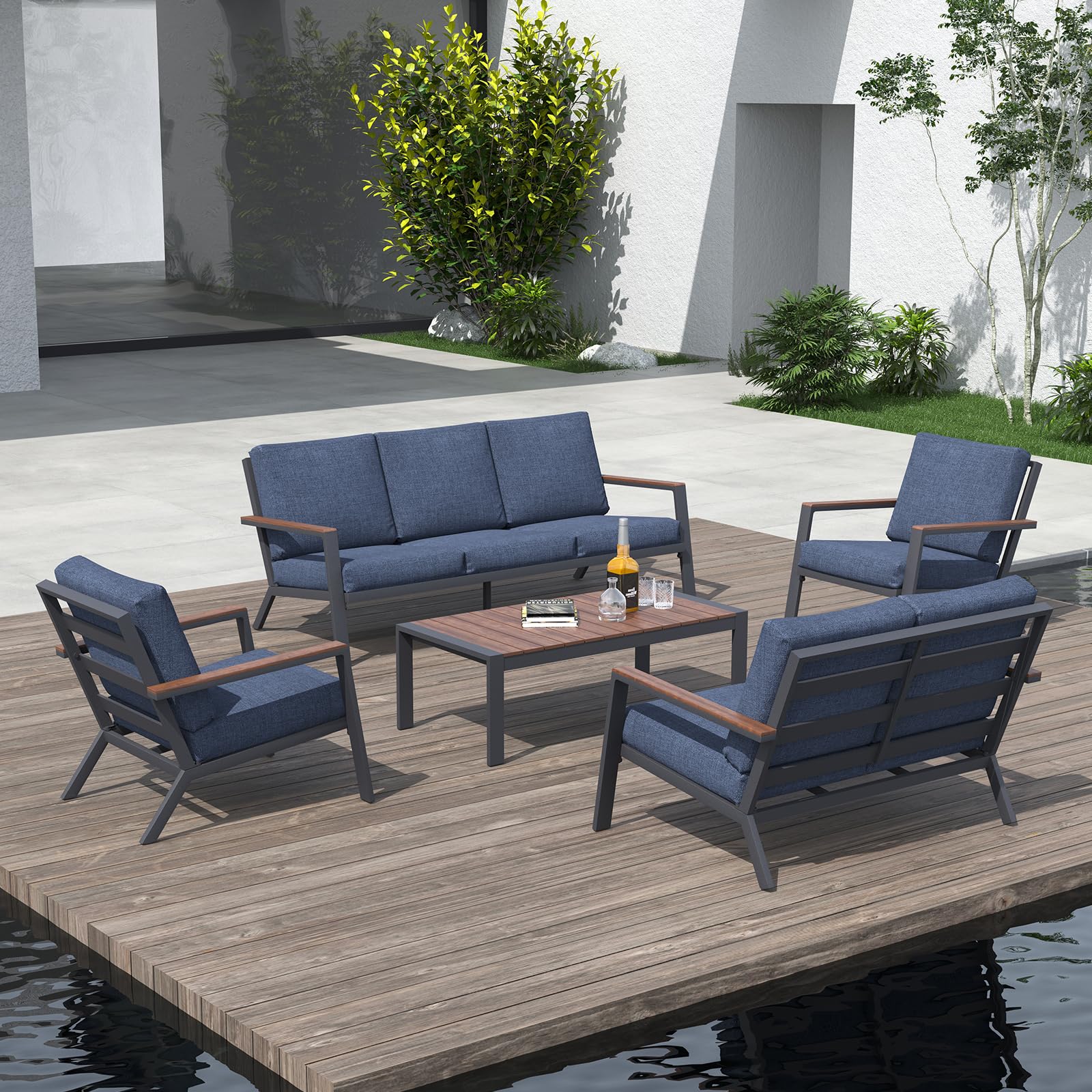 Soleil Jardin Aluminum Patio Furniture Set with FSC Certified Solid Wood Top Armrest & Coffee Table, Outdoor Deep Seating Sectional Sofa, 5 Piece Conversation Sets w/Removable Cushion, Denim Blue