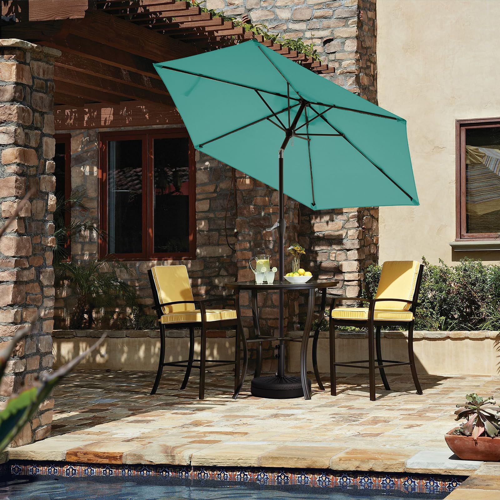 JEAREY 7.5FT Patio Umbrella Market Table Umbrella with 6 Sturdy Ribs, Push Button Tilt/Crank Outdoor Umbrella for Garden, Deck, Backyard, Pool and Beach,Teal Blue