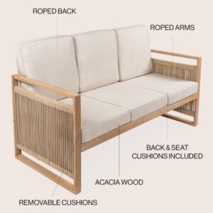 JONATHAN Y SFB1002A Gable 3-Seat Mid-Century Modern Roped Acacia Wood Outdoor Sofa with Cushions Scandinavian, Classic, Transitional, Industrial for Backyard, Patio, Porch, Beige/Light Teak