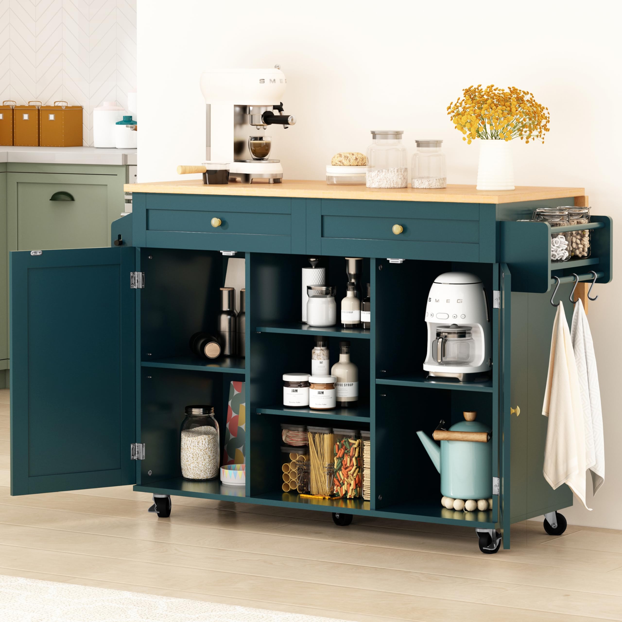 HLR Kitchen Island On Wheels, Rolling Kitchen Island Cart with Drop Leaf Countertop, Barn Door Kitchen Island Table with Storage Cabinet and Tower Rack, Island Table for Kitchen (Dark Teal)