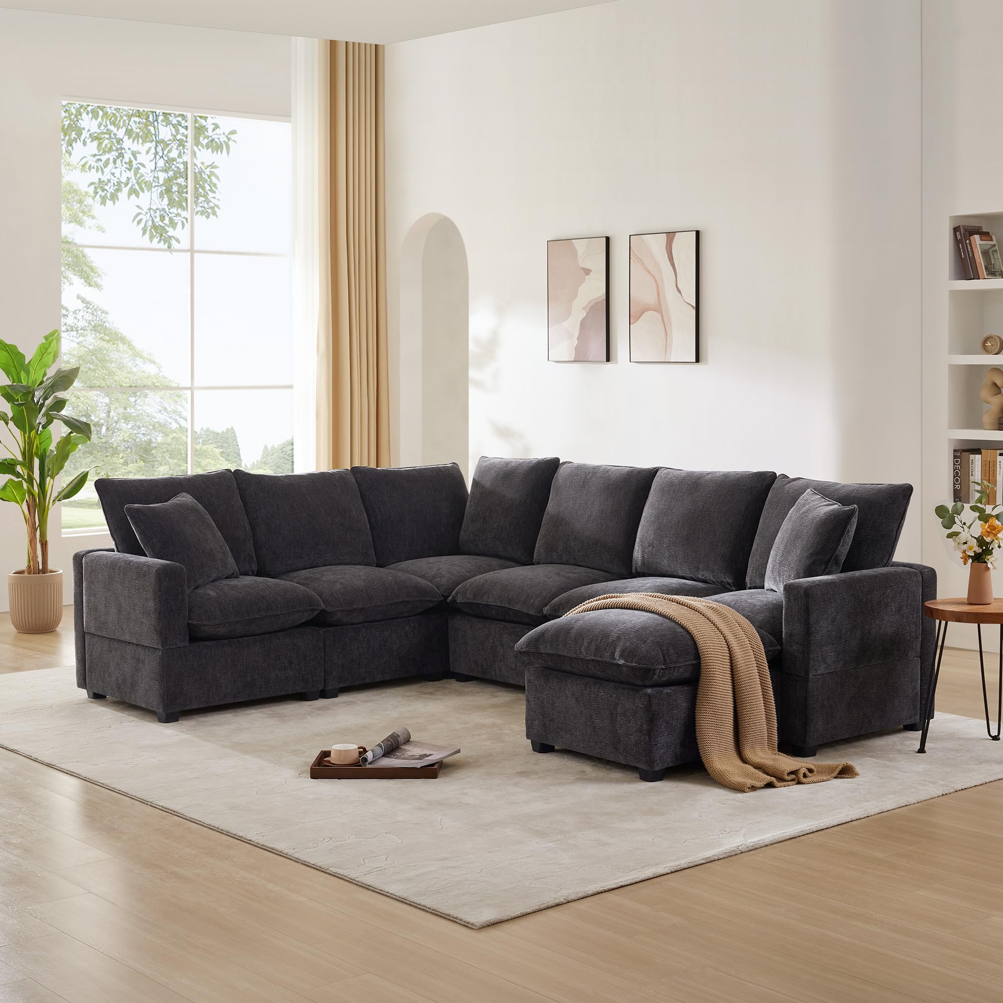 7 Seat Chenille Sectional Couch Set with 2 Pillows, 110*84" Modern U Shape Modular Sofa Set with Removable Ottoman, Freely Combinable Indoor Funiture for Living Room, Apartment, Office (Black * 1)