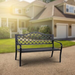 Four Seasons Courtyard Outdoor Park Bench Backyard Garden, Front Porch, or Walking Path Furniture Seating with Powder Coated Steel Frame, Black