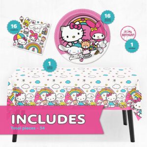 Hello Kitty Birthday Decorations | Serves 16 | Hello Kitty Plates and Napkins, Tablecloth, Sticker | Party Supplies | Officially Licensed